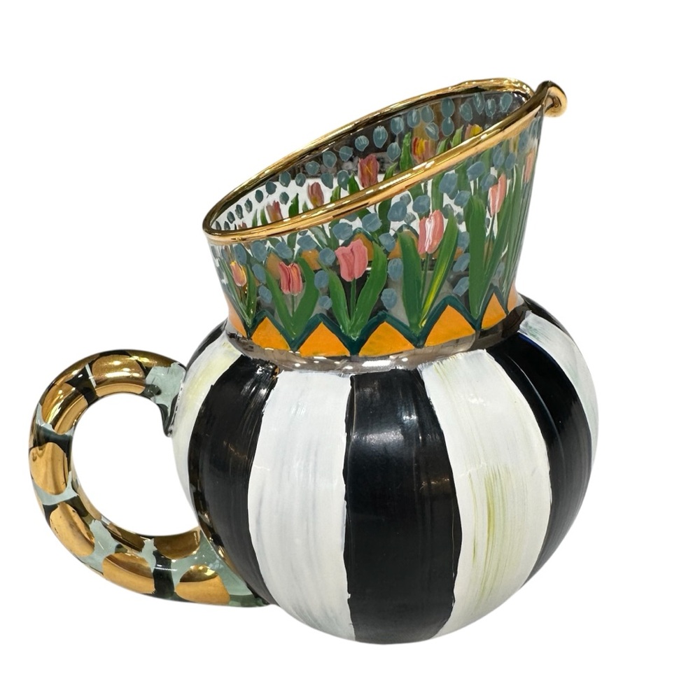 MacKenzie Childs 1983 VTG Hand painted 'Mrs Hunt' Striped Glass Creamer Pitcher
